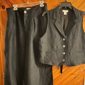 Halston Black Linen Pant and Vest Set, Size 12 and Size XL